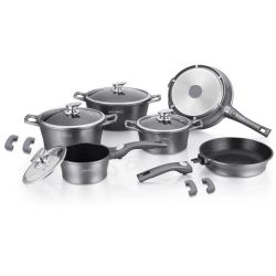 Комплект тенджери и тиган ROYALTY LINE RL-ES2014M, 14 части, Мраморно покритие, Индукция, Сребрист