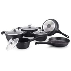 Комплект тенджери и тигани Royalty Line RL-BS1010M, Отливка, 10 части, Индукция, Мраморно покритие, Черен