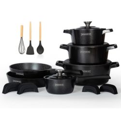 Комплект тенджери и тигани Royalty Line Premium RL-OS1014B, 17 ч, Отливка, Greblon мраморно покритие, Индукция, Черен