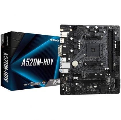 Дънна платка ASROCK  A520M-HDV (AMD AM4, 2xDDR4, 1xM.2, VGA, DVI-D, HDMI) Micro ATX