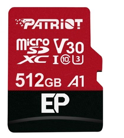 MicroSD памет 512GB PATRIOT EP Series, microSDXC Class 10, UHS-I U3 A1 V30 + SD адаптер