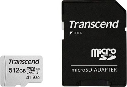MicroSD памет 512GB TRANSCEND 300S, microSDXC UHS-I U3 A1 V30 + SD Адаптер
