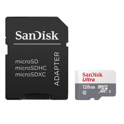 MicroSD памет 128GB SANDISK Ultra Light, microSDXC 100MB/s Class 10 + SD Адаптер