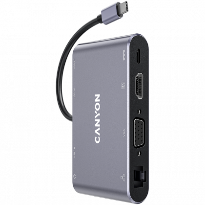 USB Hub CANYON CNS-TDS14,  8in1 USB-C hub, with 1xHDMI, 1xVGA, 1xType-C PD charging port, 3xUSB3.0, 1xGlgabit Ethernet, 1x3.5mm, Dark grey