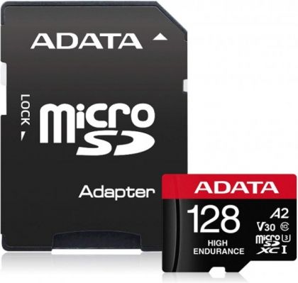 MicroSD памет 128GB ADATA High Endurance microSDXC UHS-I U3 V30 A2 + SD Адаптер 