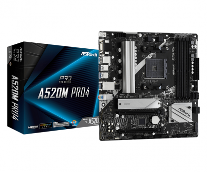 Дънна платка ASROCK A520M PRO4 (AMD AM4, 4xDDR4, 2xM2, HDMI, DP, VGA) Micro ATX