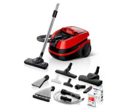 Перяща прахосмукачка BOSCH BWD421PET, 3in1 vacuum cleaner for dry and wet cleaning, 2,5 lt dust container, 2100 W, HEPA H13, 12 m radius, liquid pick-up nozzles, parquet brush, turbo brush, mattress brush, water tank: 5 l, tornado red-black