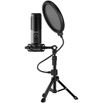 LORGAR Voicer 721, Gaming Microphone, Black, USB condenser microphone with tripod stand, pop filter, including 1 microphone, 1 Height metal tripod, 1 plastic shock mount, 1 windscreen cap, 1,2m metel type-C USB cable, 1 pop filter, 154.6x56.1mm