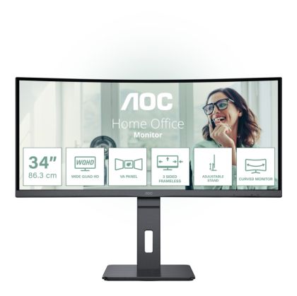 Монитор AOC CU34P3CV, 34" VA Curved 1500R, UWQHD (3440x1440) 100Hz, 21:9, 4ms, 300cd/m2, 3000:1, Speaker 2x5W, HDMI, DP, USB hub, Black