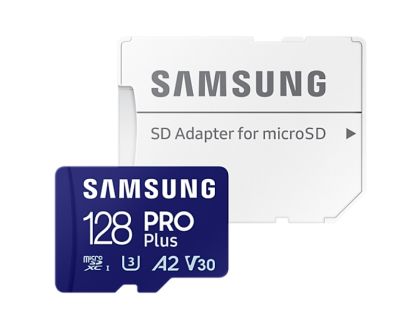 MicroSD памет 128GB SAMSUNG PRO Plus microSD Card (2023), microSDXC UHS-I U3, V30, A2 + SD адаптер