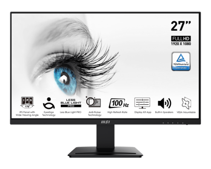 Монитор MSI PRO MP273A, 27.0" IPS, FullHD (1920 x 1080) 100Hz, 16:9, 1ms, 250 cd/m², 1000:1, Speaker 2x3W, VGA, HDMI, DP, Black - 9S6-3PB4CH-060