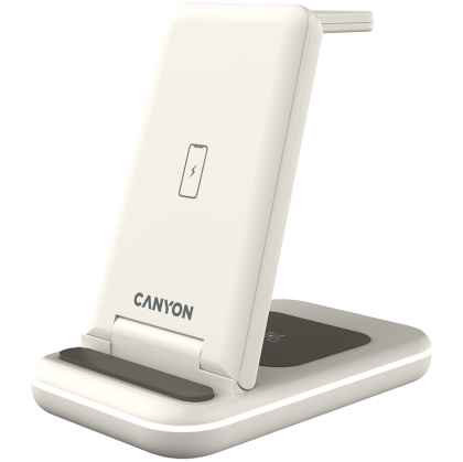 Сгъваемо безжично зарядно CANYON WS-304, Foldable  3in1 Wireless charger, with touch button for Running water light, Input 9V/2A,  12V/1.5AOutput 15W/10W/7.5W/5W, Type c to USB-A cable length 1.2m, with QC18W EU plug, Cosmic Latte