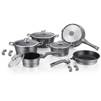 Комплект тенджери и тиган ROYALTY LINE RL-ES2014M, 14 части, Мраморно покритие, Индукция, Сребрист