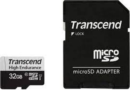 MicroSD памет 32GB TRANSCEND High Endurance USD350V, microSDHC UHS-I U1, up to 100MB/s + SD адаптер