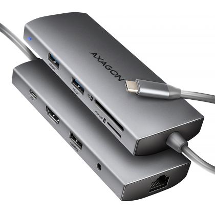 USB hub AXAGON HMC-8HLSA , USB-C 3.2 Gen 1 hub, 3x USB-A + 4K/30Hz HDMI + SD/microSD, GLAN, Audio, PD 100W, 20cm USB-C cable