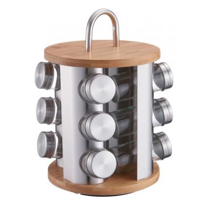 Бурканчета за подправки на стойка KLAUSBERG KB 7552, 12бр. бурканчета, Бамбук и стомана, Инокс/кафяв