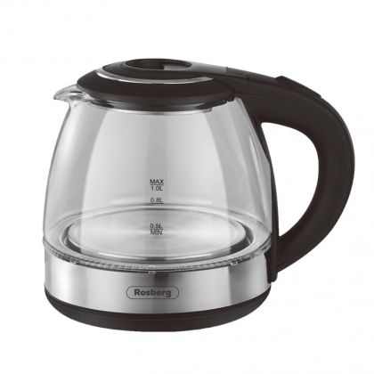 Електрическа кана ROSBERG R51230Q, 1500W, 1 L, Стъклена, LED светлини, Инокс/черен