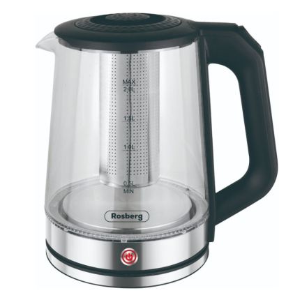 Електрическа кана с филтър за чай ROSBERG R51230R, Светеща, 1500W, 2L, Стъкло, Сребрист