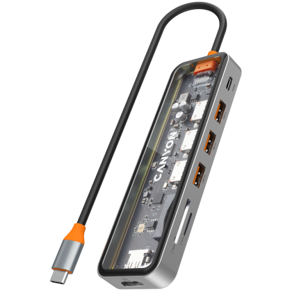 USB Hub CANYON DS-13, Zinc alloy+Tempered glass+TPE Port: Type-C To USB3.0*3(5Gbps)+SD/TF 3.0(5Gbps)+HDMI(4K@30Hz),Space Grey