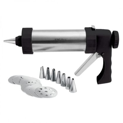 Шприц за сладки KINGHOFF KH 1363, 21х17 см, 8 шаблона, 8 накрайника, Инокс, Сив/черен