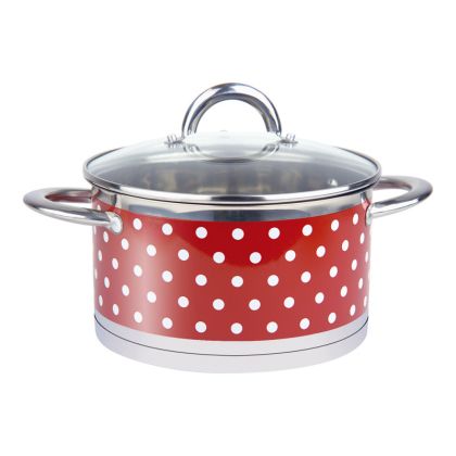 Тенджера ROSBERG R51210I22, 22 см, 4.7 литра, Двойно дъно, Индукция, Инокс/червен с бели точки