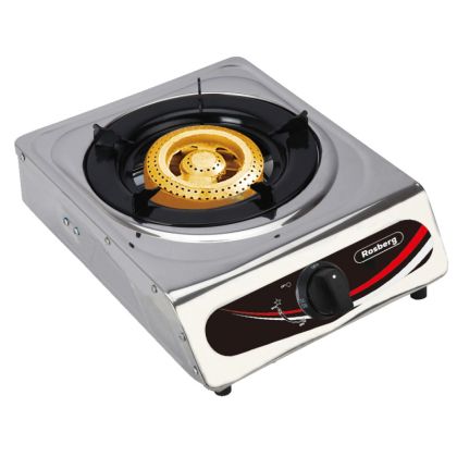 Единичен газов котлон ROSBERG R51454A, 2.7 kWh, 30 mbar, Автоматично запалване, Чугунена горелка, Инокс