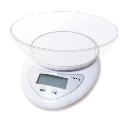 Кухненска везна с купа ROSBERG Premium R51651HT, 5 кг, Купа, LCD дисплей,  ТАРА, Бял