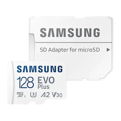 MicroSD памет 128GB SAMSUNG EVO Plus, microSDXC UHS-I U3 V30 A2 Class10 + SD Адаптер