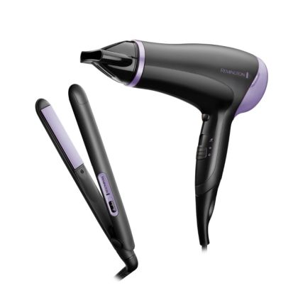 Комплект преса за коса и сешоар REMINGTON D3016GP, Керамично покритие, Черен/Лилав