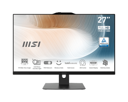 All in One MSI Modern AM272P 12M, 27" FullHD (1920x1080) IPS, Intel® Core™ i5-1235U (12M Cache, 3.30 GHz up to 4.40 GHz, 10 ядра), 8GB DDR4, 512GB SSD M.2, Windows 11 Pro, Black - 9S6-AF8211-861