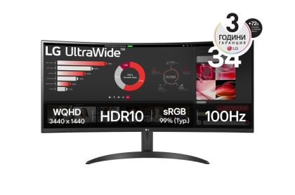 Монитор LG 34WR50QK-B UltraWide, 34" VA Curved 1800R, WQHD (3440x1440) 100Hz, 21:9, 1ms, 3000:1, 300 cd/m2, Dynamic Action Sync, 2xHDMI, DisplayPort, Black