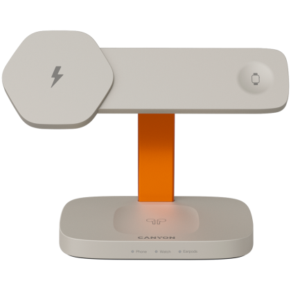 Безжична зарядна станция CANYON Hexagon WCS310, 3in1, Магнитна връзка Qi, LightGrey/Orange