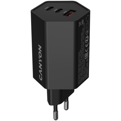 Зарядно у-во CANYON HEXAGON 65 GaN 65W 2xPD 1xQC EU Black