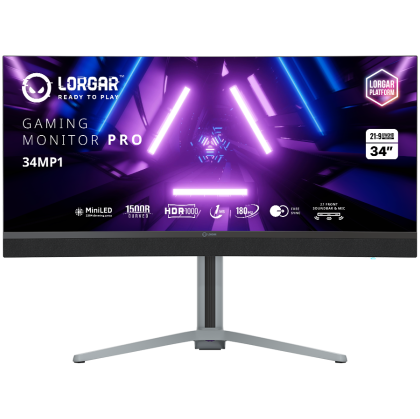 Монитор LORGAR Pro 34MP1 (LRG-34MP1W180C-GY), 34" VA Curved 1500R, UWQHD (3440x1440) 180Hz, 21:9, 1ms, 1000cd/m2, 4000:1, AMD FreeSync Technology, G-Sync, Speaker, Mic, 2xHDMI, DP, USB-C, 2xUSB, Black/Milky grey