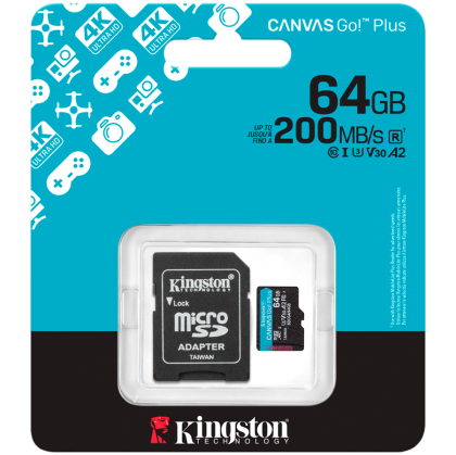 MicroSD памет 64GB KINGSTON Canvas Go! Plus Gen4, microSDXC Class 10, UHS-I, U3, V30, A2 up to 200MB/s + SD адаптер