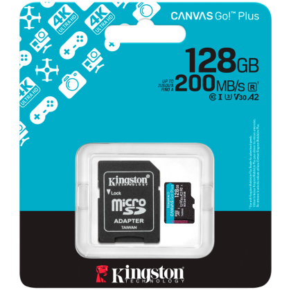 MicroSD памет 128GB KINGSTON Canvas Go! Plus Gen4, microSDXC Class 10, UHS-I, U3, V30, A2 up to 200MB/s + SD адаптер - SDCG4/128GB