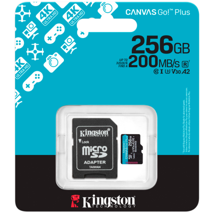 MicroSD памет 256GB KINGSTON Canvas Go! Plus Gen4, microSDXC Class 10, UHS-I, U3, V30, A2 up to 200MB/s + SD адаптер - SDCG4/256GB