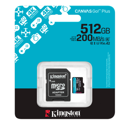 MicroSD памет 512GB KINGSTON Canvas Go! Plus Gen4, microSDXC Class 10, UHS-I, U3, V30, A2 up to 200MB/s + SD адаптер - SDCG4/512GB