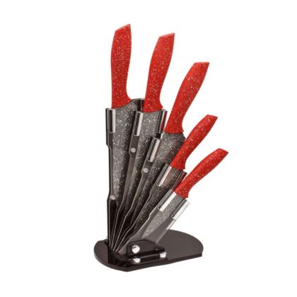 Комплект ножове Voltz V51633A5, 5 броя, Мраморно покритие, Стойка, Червен/сив