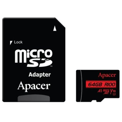 MicroSD памет 64GB APACER R100, microSDXC Class10 UHS-I U1 V10 A1 + SD адаптер