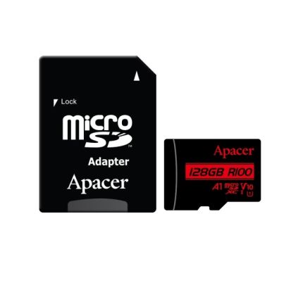 MicroSD памет 128GB APACER R100, microSDXC Class10 UHS-I U1 V10 A1 + SD адаптер
