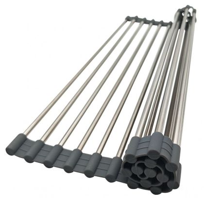 Постелка за сушене на съдове Kinghoff KH 1903, 45х32 см, Устойчива на корозия, Силиконви краища, Неплъзгаща се, Сгъваема, Инокс/сив