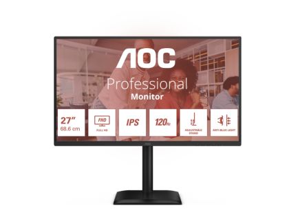 Монитор AOC 27E4U, 27" IPS, FullHD (1920x1080) 120Hz, 16:9, 4ms, 300cd/m2, 1500:1, Adaptive Sync, Speaker 2x2W, VGA, HDMI, USB Hub, Black