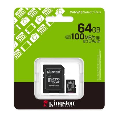 MicroSD памет 64GB KINGSTON Canvas Select Plus, microSDXC Class 10 UHS-I V10, A1 100MB/s + SD Адаптер - SDCS3/64GB