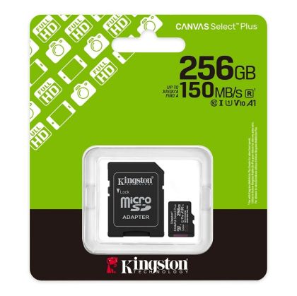 MicroSD памет 256GB KINGSTON Canvas Select Plus, microSDXC Class 10 UHS-I U1 V10, A1 150MB/s + SD Адаптер - SDCS3/256GB