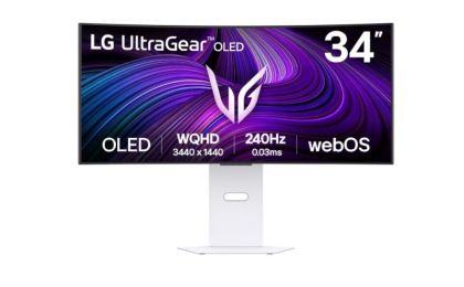 Монитор LG 34GX90SA-W UltraGear, 34" OLED Curved 800R, WQHD (3440x1440) 240Hz, 21:9, 0.03ms, 1300cd/m², 1500000:1, Smart, webOS 24, AMD FreeSync Premium, NVIDIA G-Sync, Speakers, Wi-Fi/Bluetooth, 2xHDMI, DP, USB-C, LAN, White