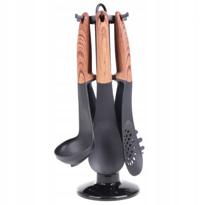 Комплект кухненски прибори с поставка Royalty Line RL-U03, 7 части, Полипропилен, До 210C, Без PFOA, Черен