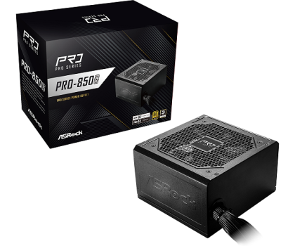 Asrock PRO-850G, 850W, 80 Plus GOLD, Non Modular PSU, 1x EPS 12V CPU(4+4pin), 2x PCIe (6+2pin), 2x 4-pin connectors, 4x SATA, OCP, SCP, OVP, UVP, OTP, OPP protections, 120 mm Fan, ATX 3.1, 3Y warranty