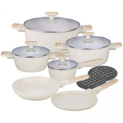 Комплект съдове за готвене Klausberg KB 7833, 12 части, Незалепващо покритие, Индукция, Бежов