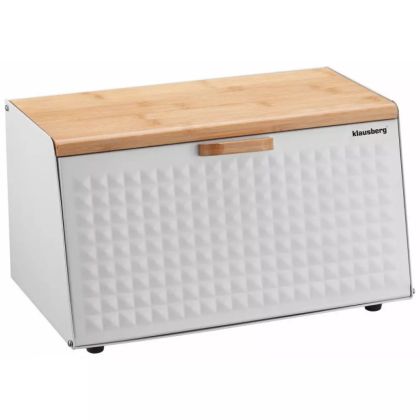 Кутия за хляб Klausberg KB 7468, 35.5 см, Стомана, Бамбук, Горен и преден капак, Бял